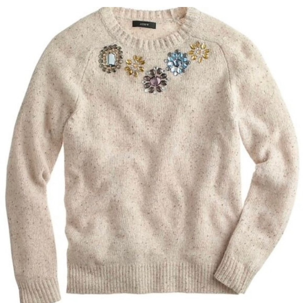 J.Crew Women jeweled Wool Flowered Rhinestones Sweater Pullover Size S